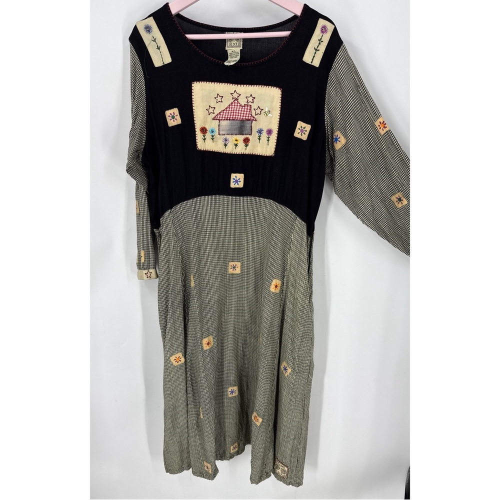 Hand block vintage gingham check Dress w/floral star embroidered patchwork M/L